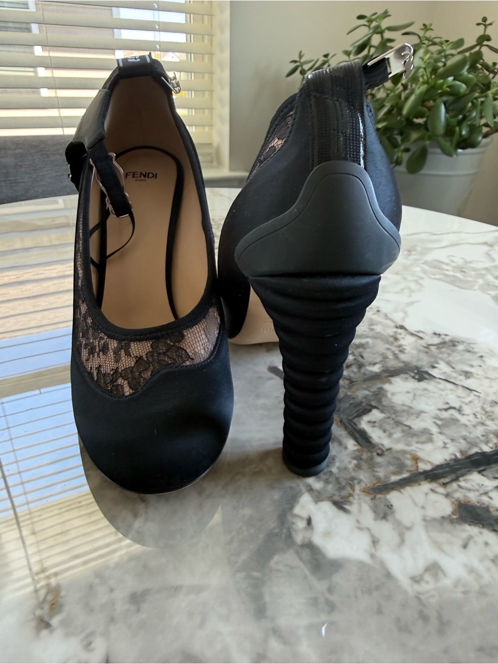 Fendi Black Lace Garter Belt Ankle-Strap Mary Jane Heels